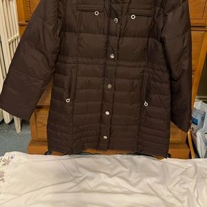 Dkny feather lined brown hooded long coat. Great condition.